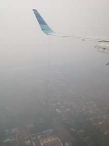 View from an airplane flying over Pontianak on October 20th. The thick smoke and poor visibility have caused thousands of flights all over Indonesia, and in neighboring nations, to be canceled.